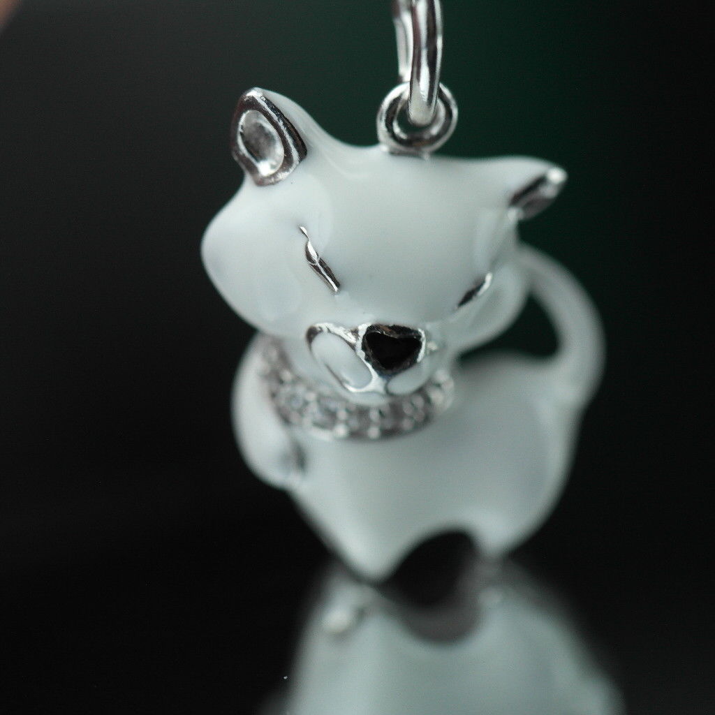 Sterling silver pendant white Enamel Cat with incrusted collar band