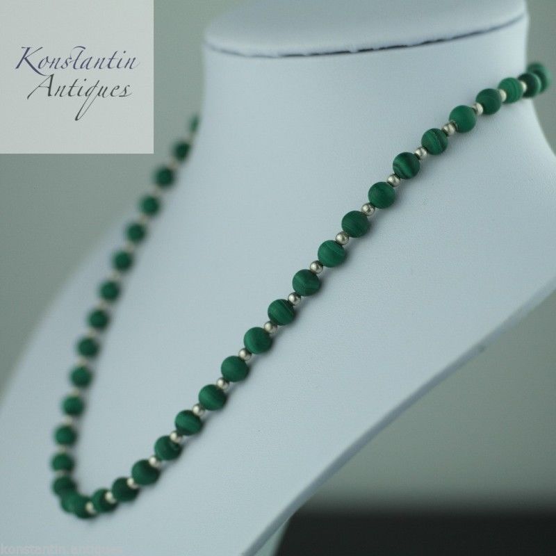 Antique malachite and sterling silver beads necklace
