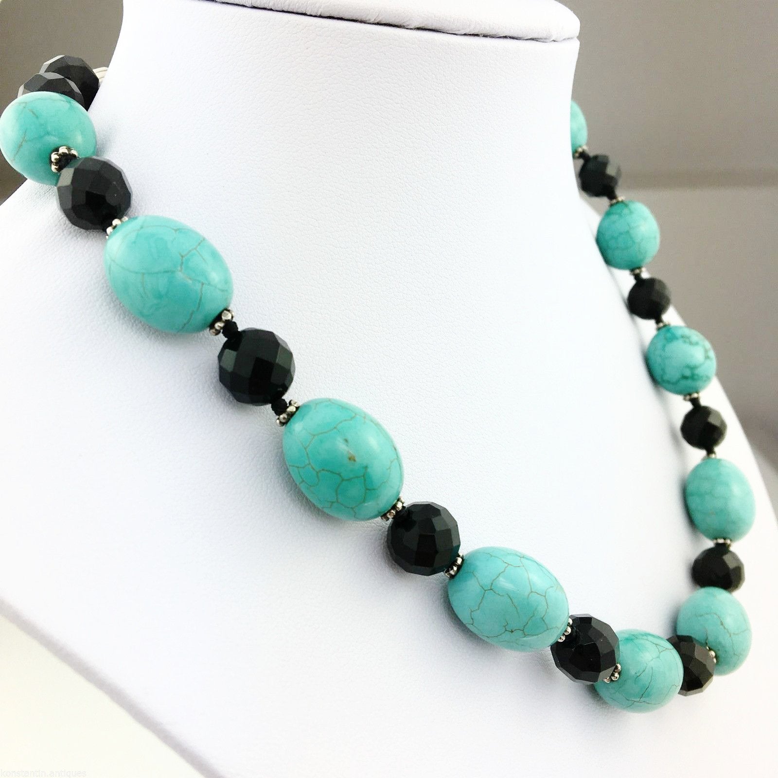 Vintage Lucas Lameth Turquoise and Onyx, sterling silver beads & clasp necklace