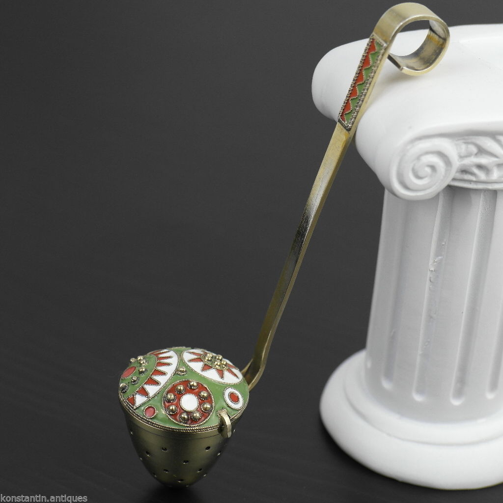 Vintage 916 sterling silver enamel gilt tea strainer Russian Leningrad