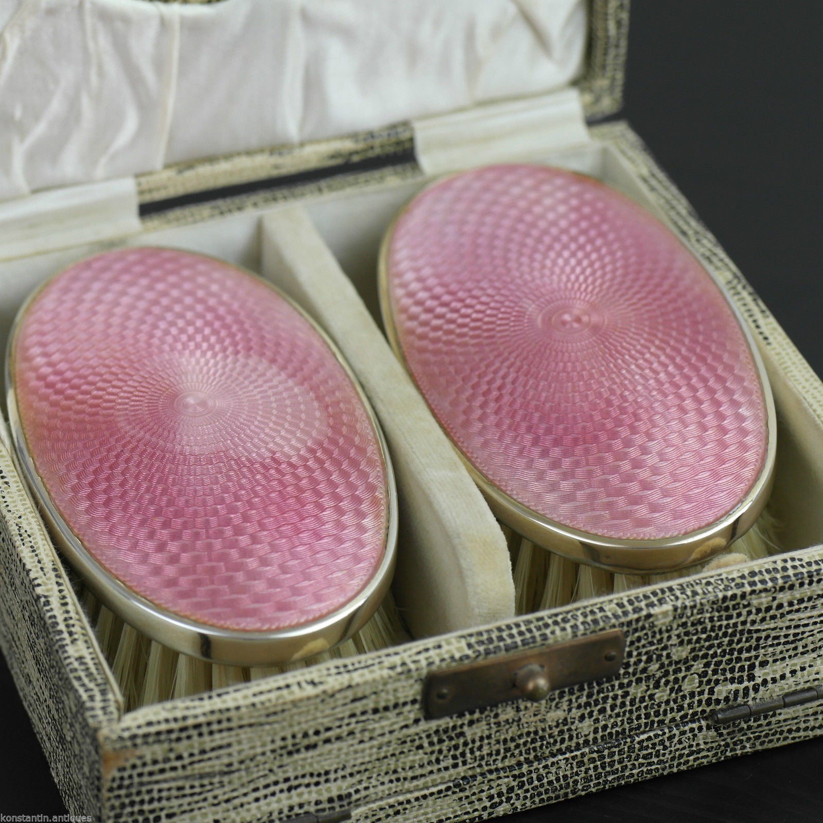 Antique 1927 sterling silver guilloche enamel brushes Birmingham Art Deco