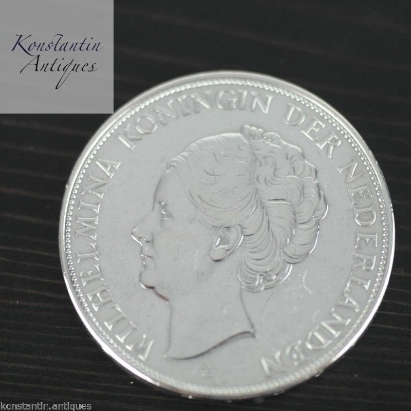 Vintage 1937 silver coin 2.5 Gulden Queen Wilhelmina of the Netherlands 20thC