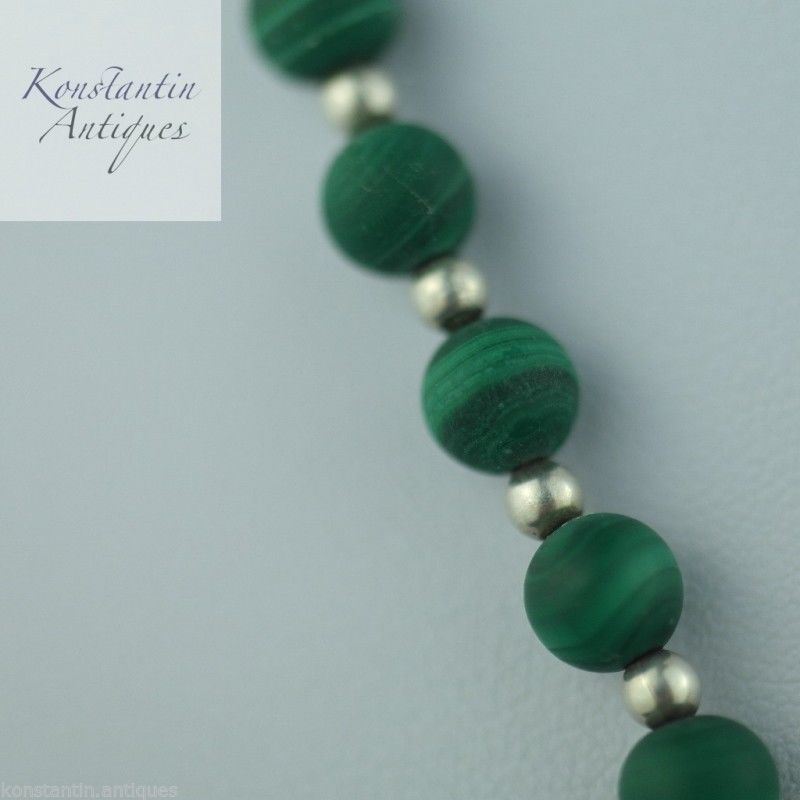 Antique malachite and sterling silver beads necklace