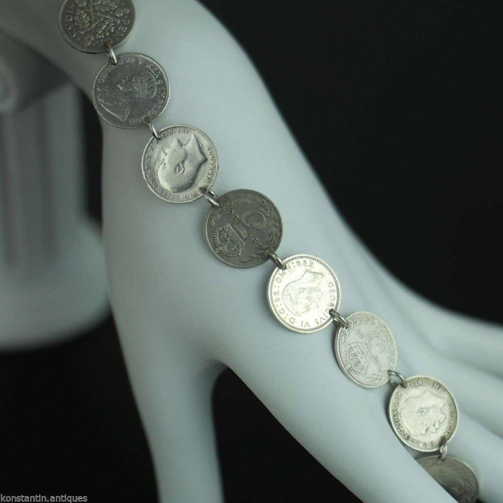 Antigua cadena de pulsera de monedas de plata de 1908 - 1937 Rey Jorge V del Imperio Británico 