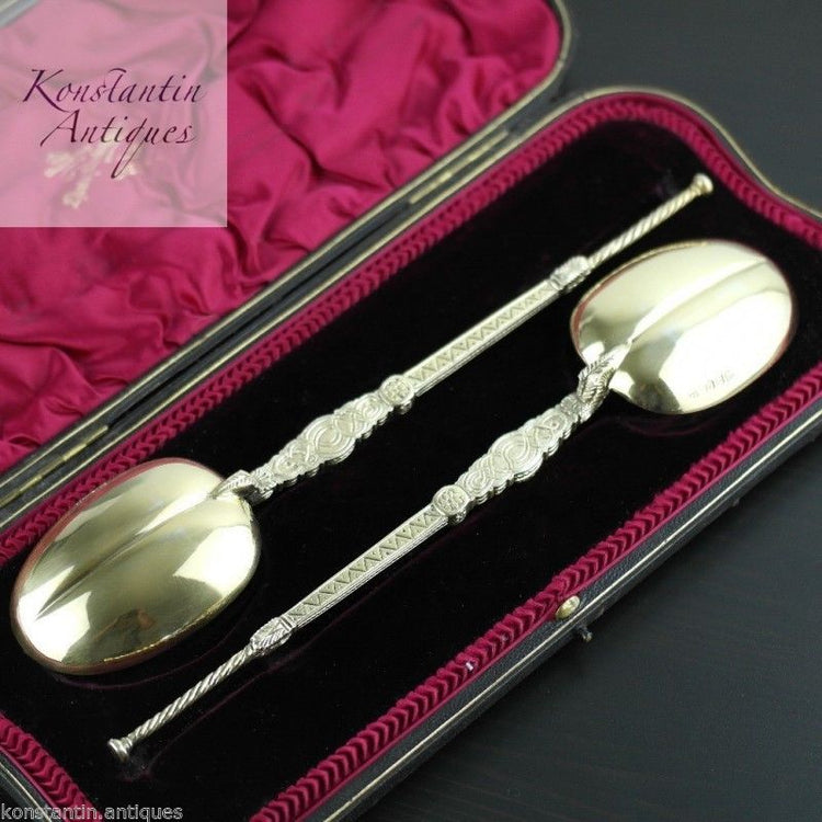 Antique 1905 gold plated sterling silver anointing spoons boxed London James Wakely & Frank Clarke Wheeler