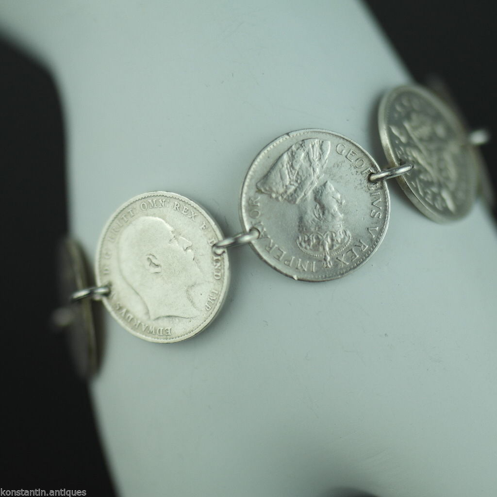 Antigua cadena de pulsera de monedas de plata de 1908 - 1937 Rey Jorge V del Imperio Británico 