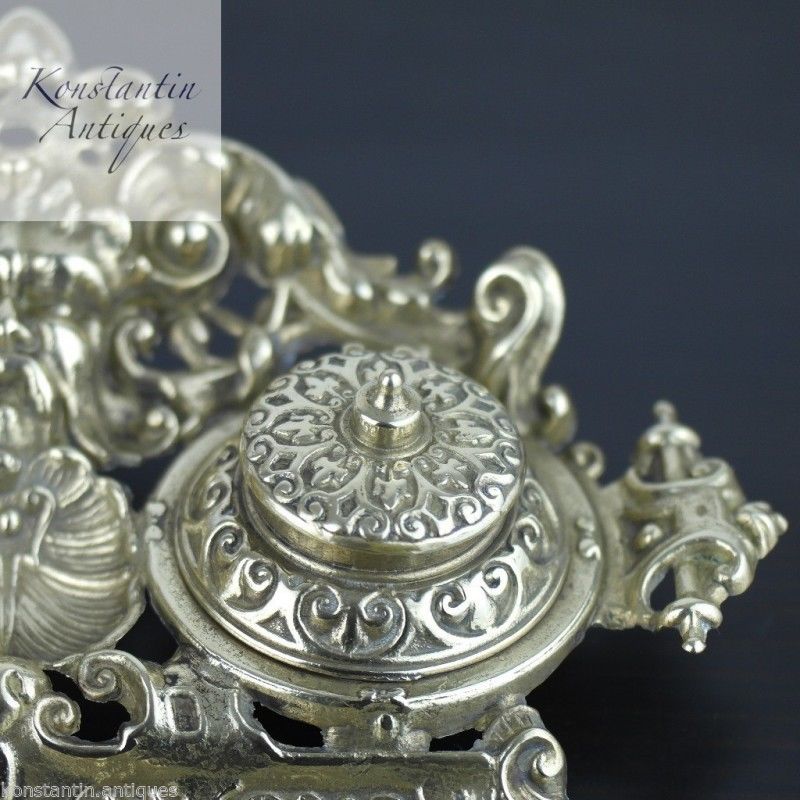 Antique solid brass double inkwell ornamented British Empire