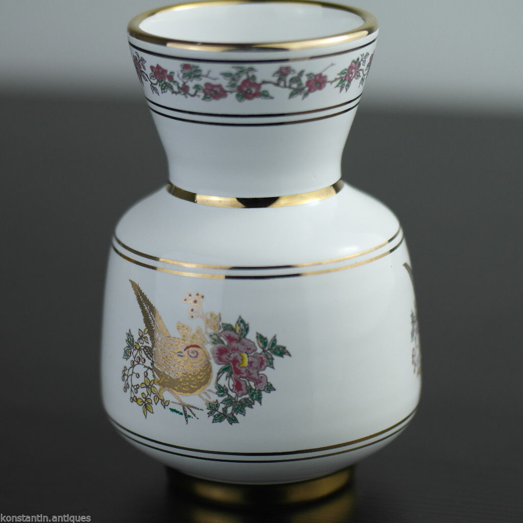 Vintage Greek 24ct Gold plated white pottery vase jug Pheasant in flowering bushes