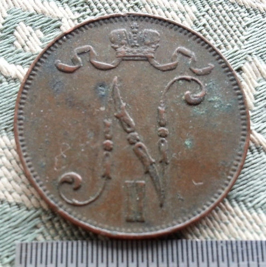 Moneda antigua de 1913 5 kopeks pennia Emperador Nicolás II del Imperio Ruso Finlandia