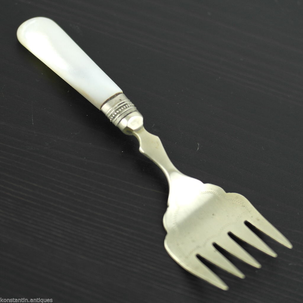 Antike Tischfischgabel mit Perlmuttgriff, Sheffield, versilbert