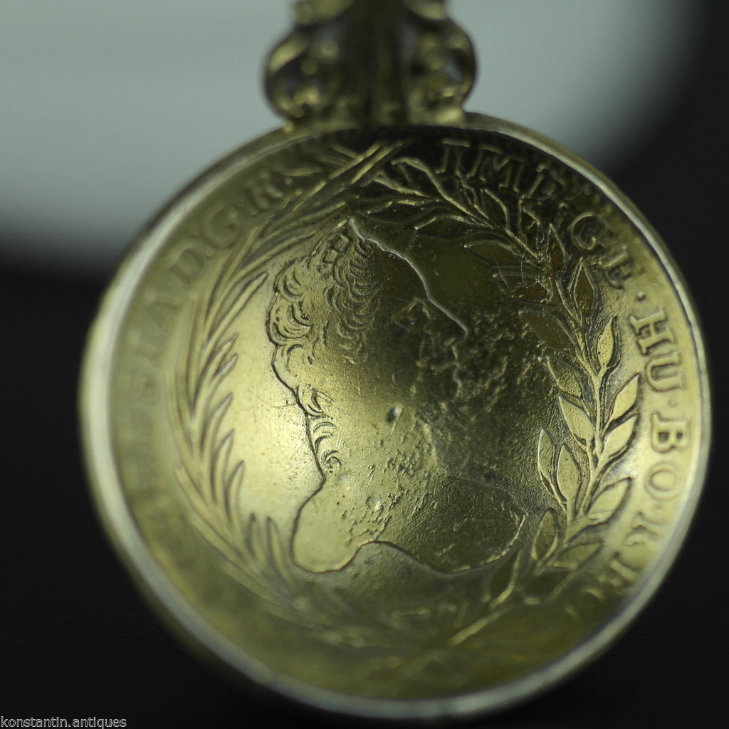 Antiguo 1763 plata dorada 20 Kreuzer moneda cuchara Theresia Imperio Austriaco 800