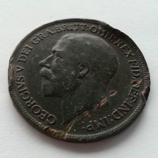 Antique 1917 one penny coin George V British Empire with green patina