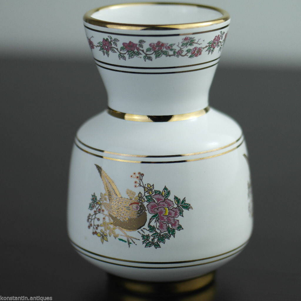 Vintage Greek 24ct Gold plated white pottery vase jug Pheasant in flowering bushes