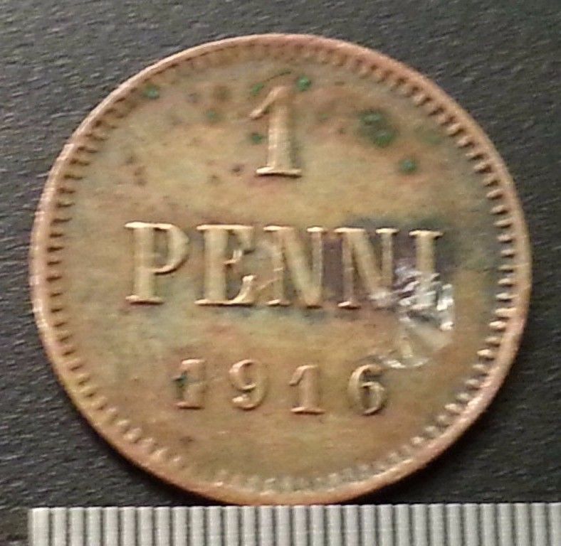 Moneda antigua de 1916 1 penni Emperador Nicolás II del Imperio Ruso SPB Finlandia