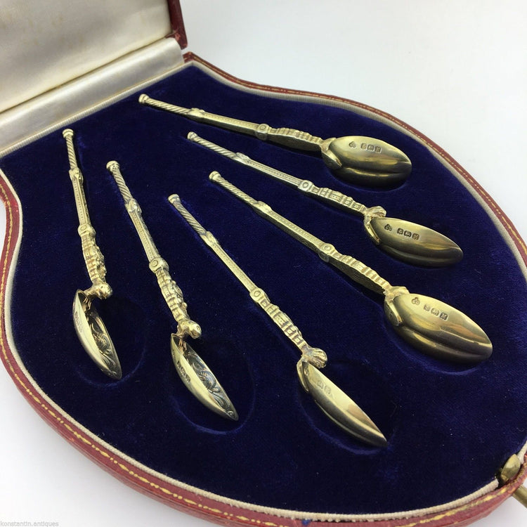Vintage 1936 gild solid silver anointing spoons set of six Birmingham E&Co