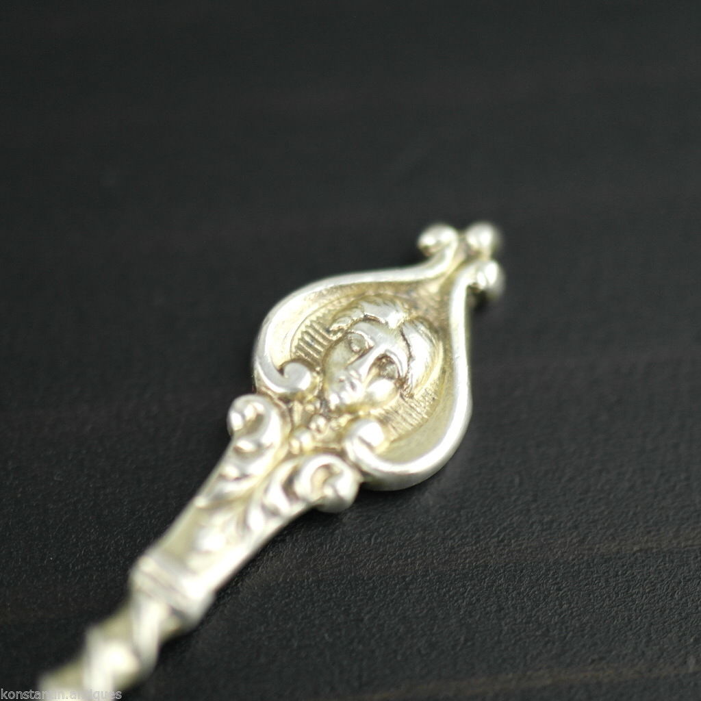 Antique 19thC solid silver spoon ornamented head Germany Peter Bruckmann