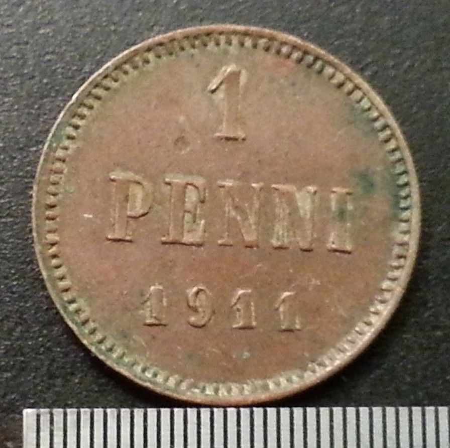 Moneda antigua de 1911 1 penni Emperador Nicolás II del Imperio Ruso SPB Finlandia