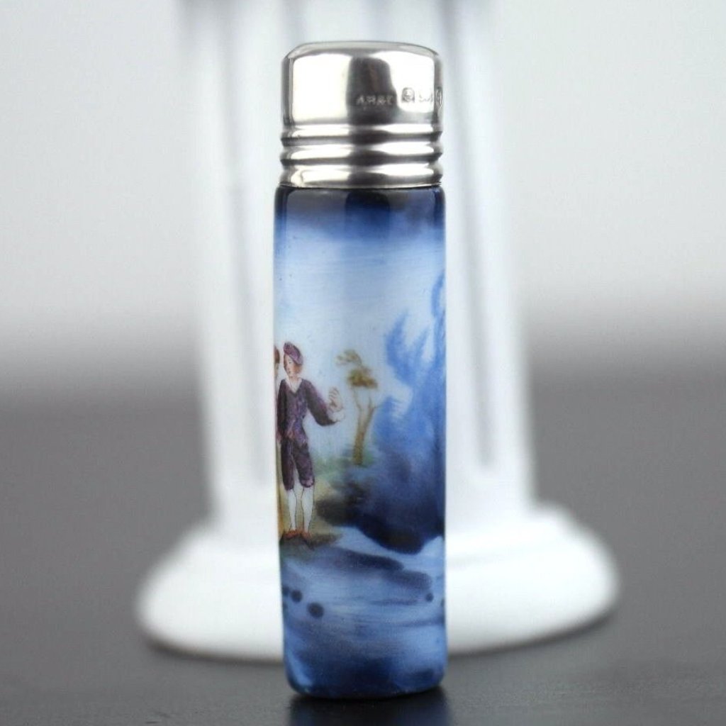 Antigua botella de almacenamiento de agujas de porcelana con tapa de plata de ley de 1904 Birmingham