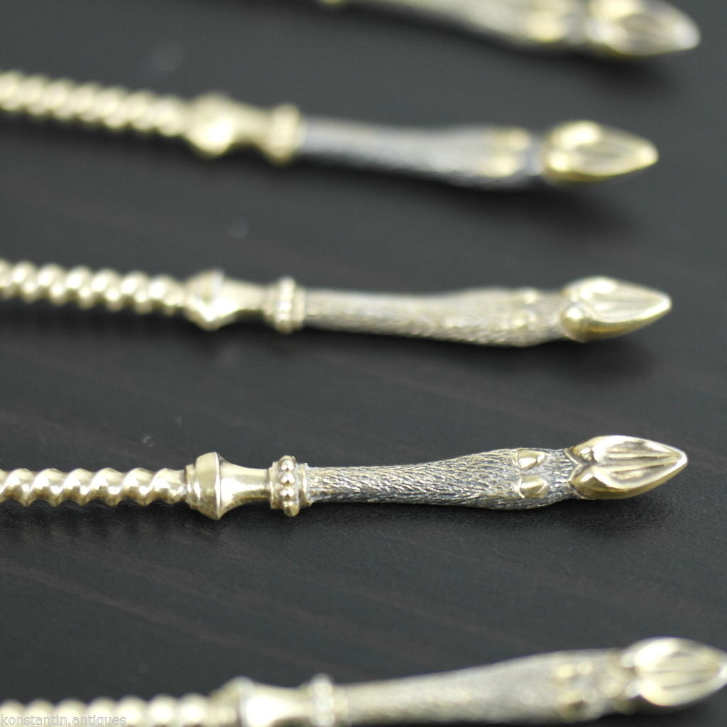 Antique Italian sterling silver spoons set 5 five gilt deer legs handles Italian