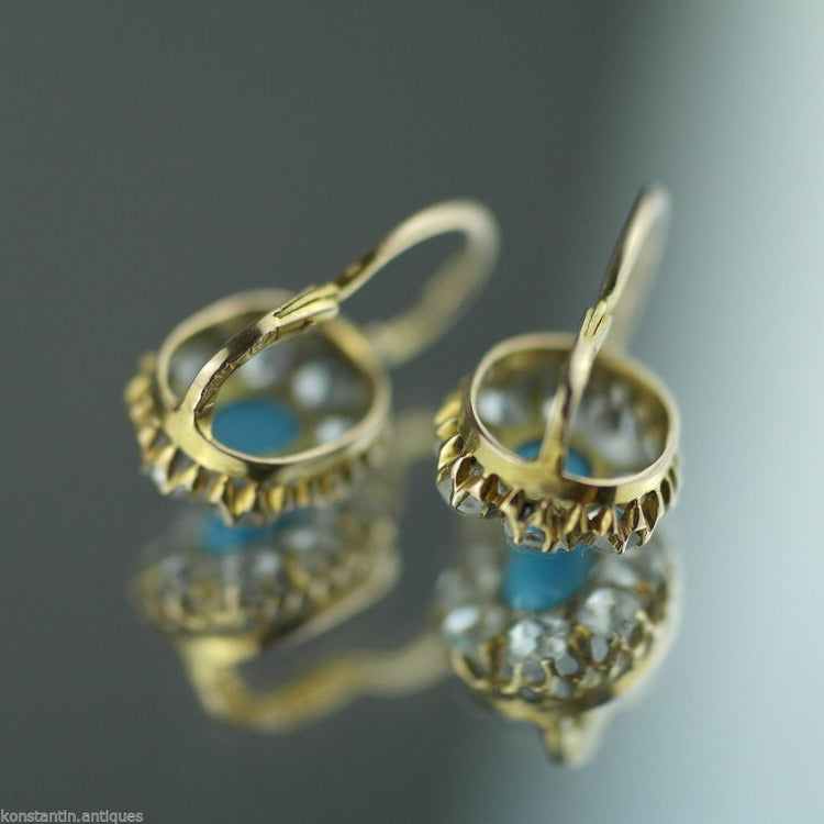 Antique 14ct / 56 gold earrings Turquoise and Rhinestones cluster from Russian Empire