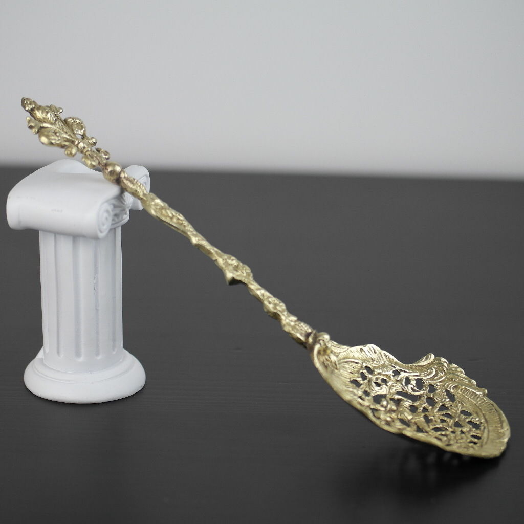 Antique solid brass ornamented strainer French Royal flower dancing couple eagle