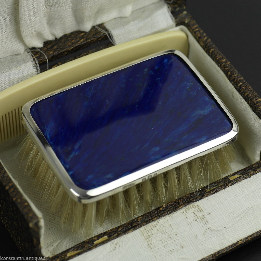 Antique 1927 sterling silver lapis lazuli brush and comb Birmingham