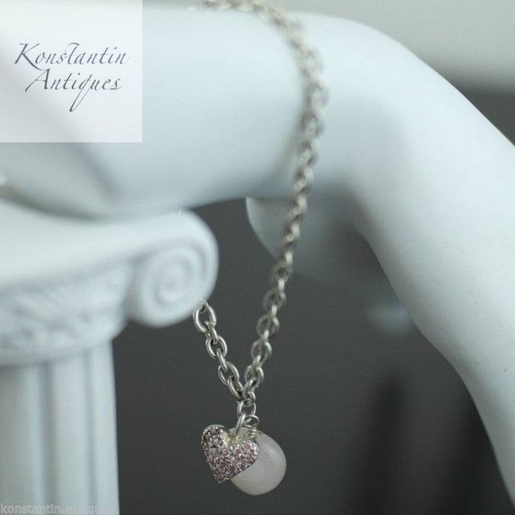 Cadena de pulsera de plata de ley con colgante de corazón de cuarzo rosa