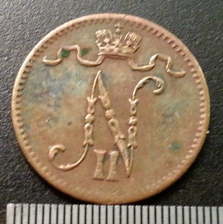 Moneda antigua de 1916 1 penni Emperador Nicolás II del Imperio Ruso SPB Finlandia
