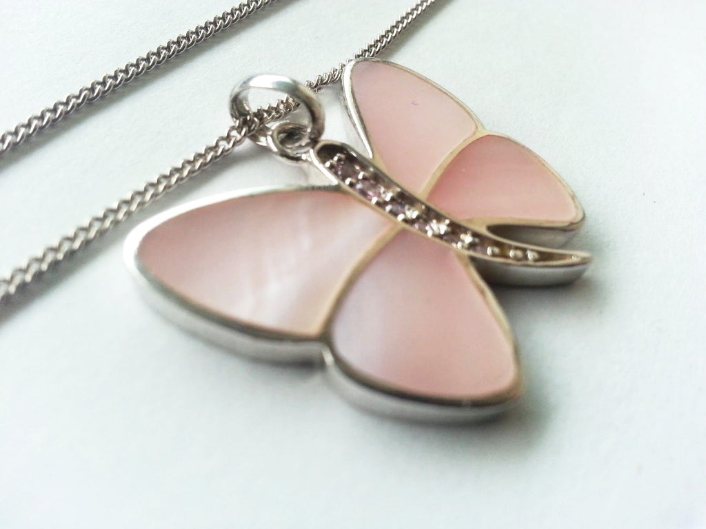 Sterling silver ring and butterfly charm pendant neck chain necklace Nacre MOP