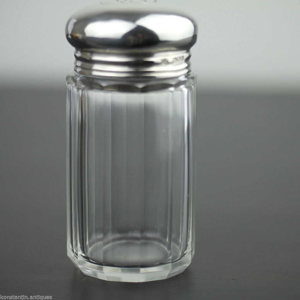 Antigua botella de tocador de vidrio tallado de 1907 con tapa de plata maciza de Londres