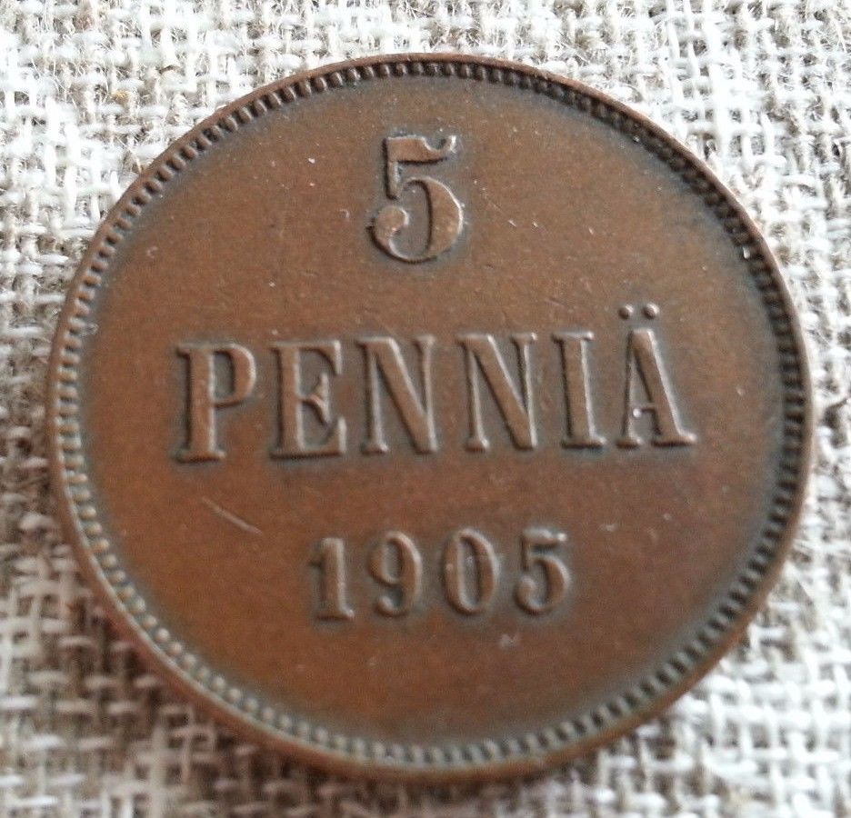 Antike 1905-Münze 5 Kopeken Pennia Kaiser Nikolaus II. des Russischen Reiches Finnland