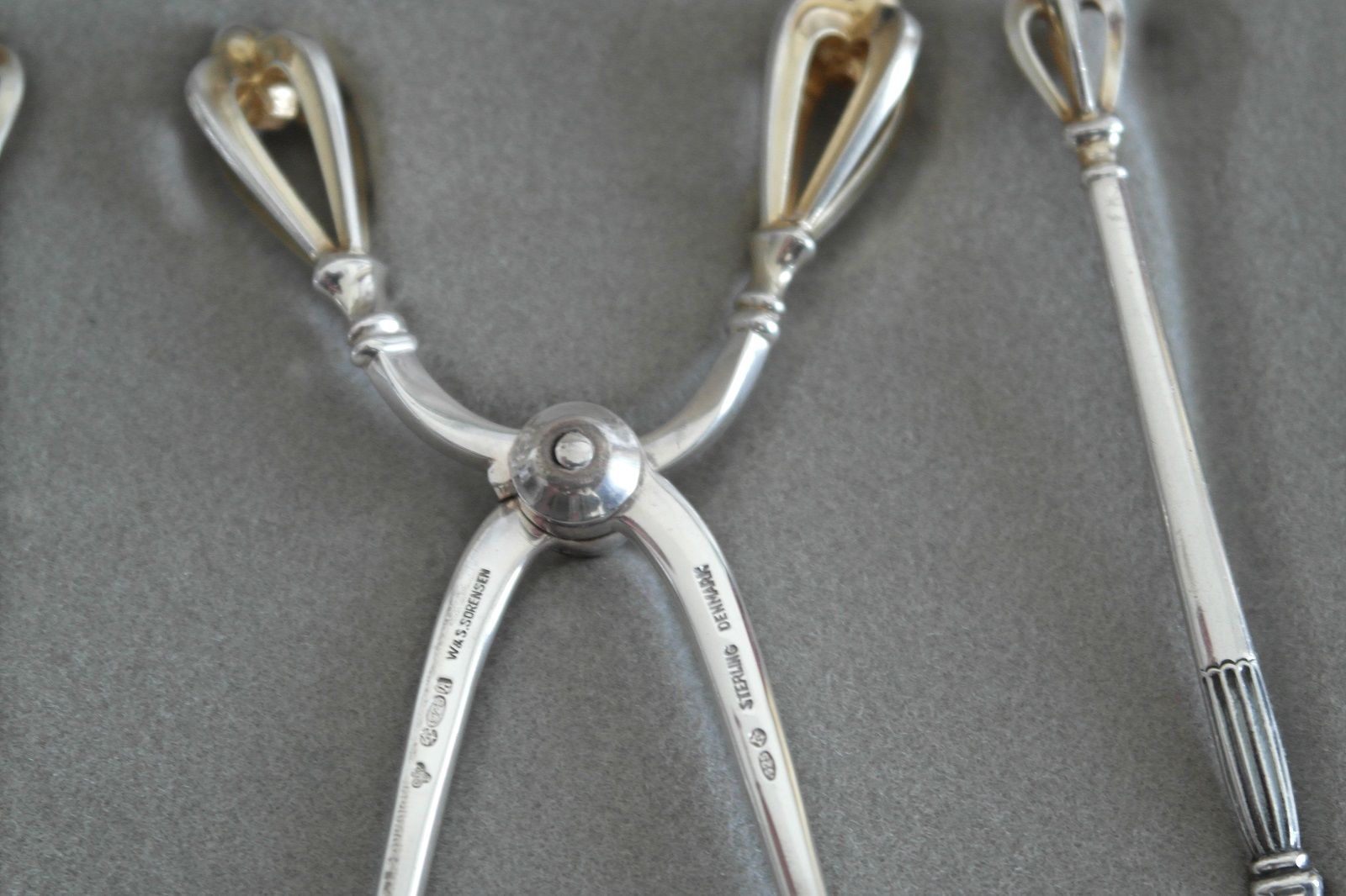 Vintage sterling silver set six spoons plus tongs Denmark W&S Sorensen in box