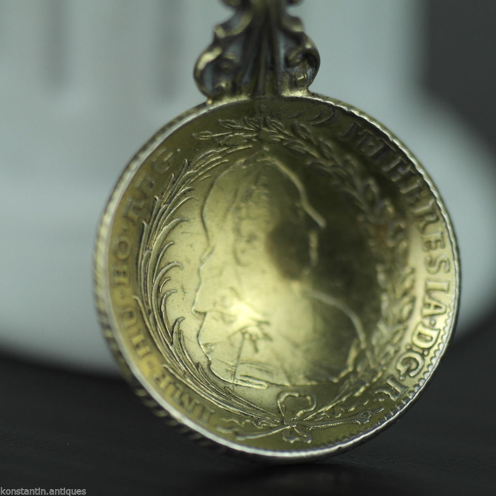 Antiguo 1770 plata dorada 20 Kreuzer moneda cuchara Theresia Imperio Austriaco 800