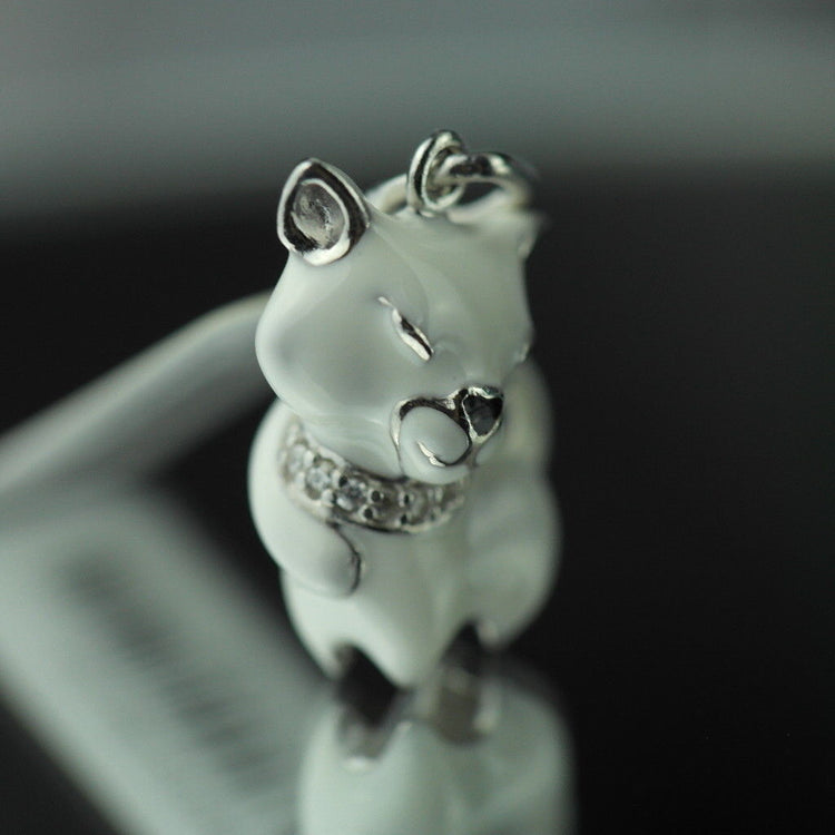 Sterling silver pendant white Enamel Cat with incrusted collar band