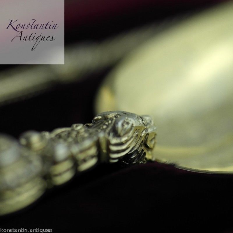 Antique 1905 gold plated sterling silver anointing spoons boxed London James Wakely & Frank Clarke Wheeler