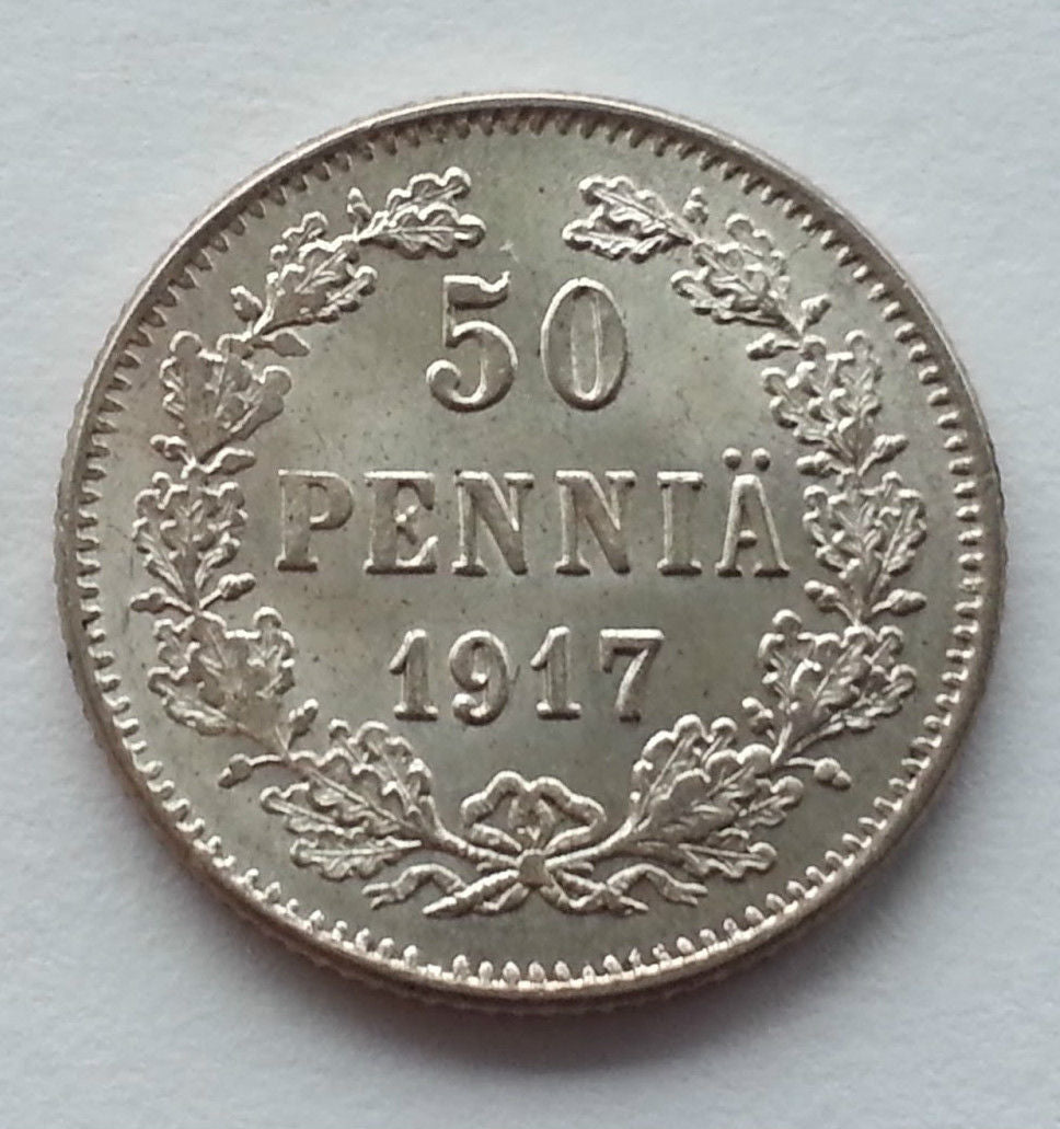 Antigua moneda de plata maciza de 1917 50 pennia kopeks Emperador Nicolás II del Imperio Ruso