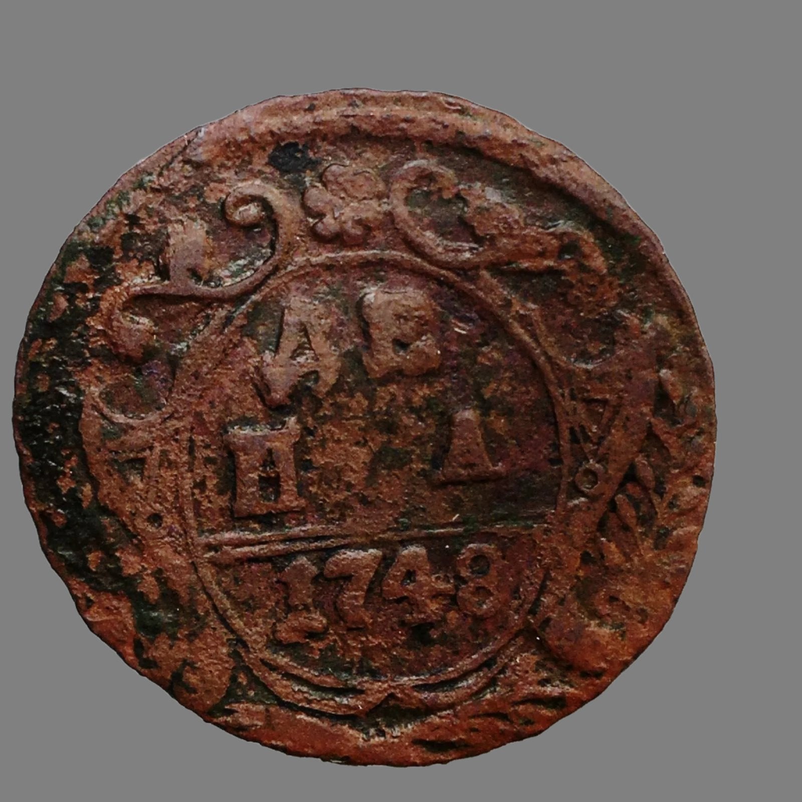 Antike 1748-Münze Denga Kopek Kaiser Anna des Russischen Reiches 18. Jh