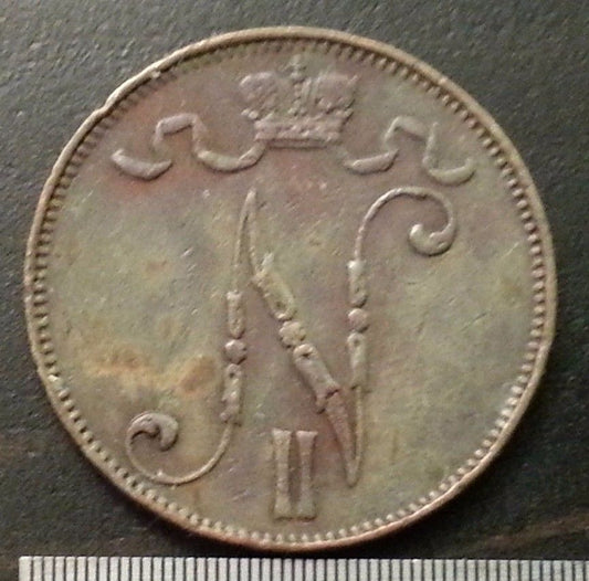 Moneda antigua de 1911 5 pennias Emperador Nicolás II del Imperio Ruso Finlandia
