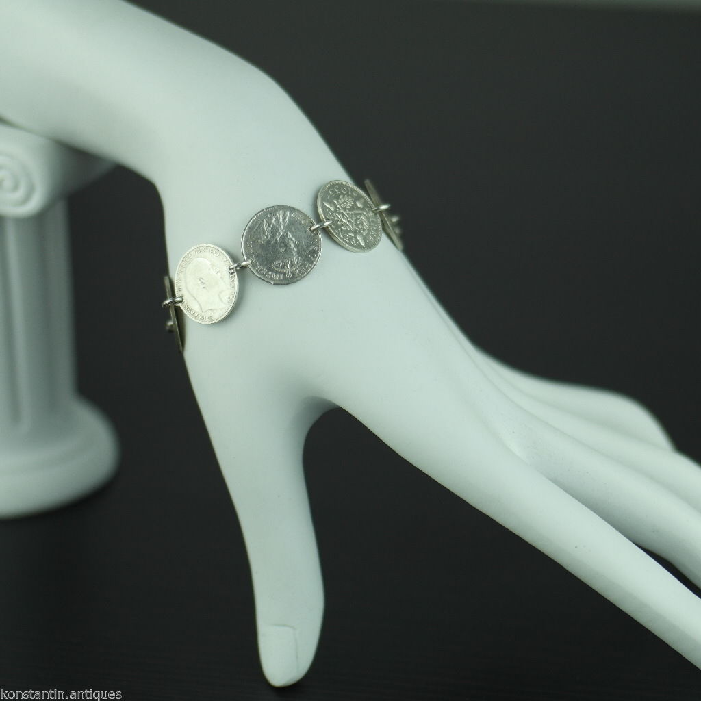 Antigua cadena de pulsera de monedas de plata de 1908 - 1937 Rey Jorge V del Imperio Británico 