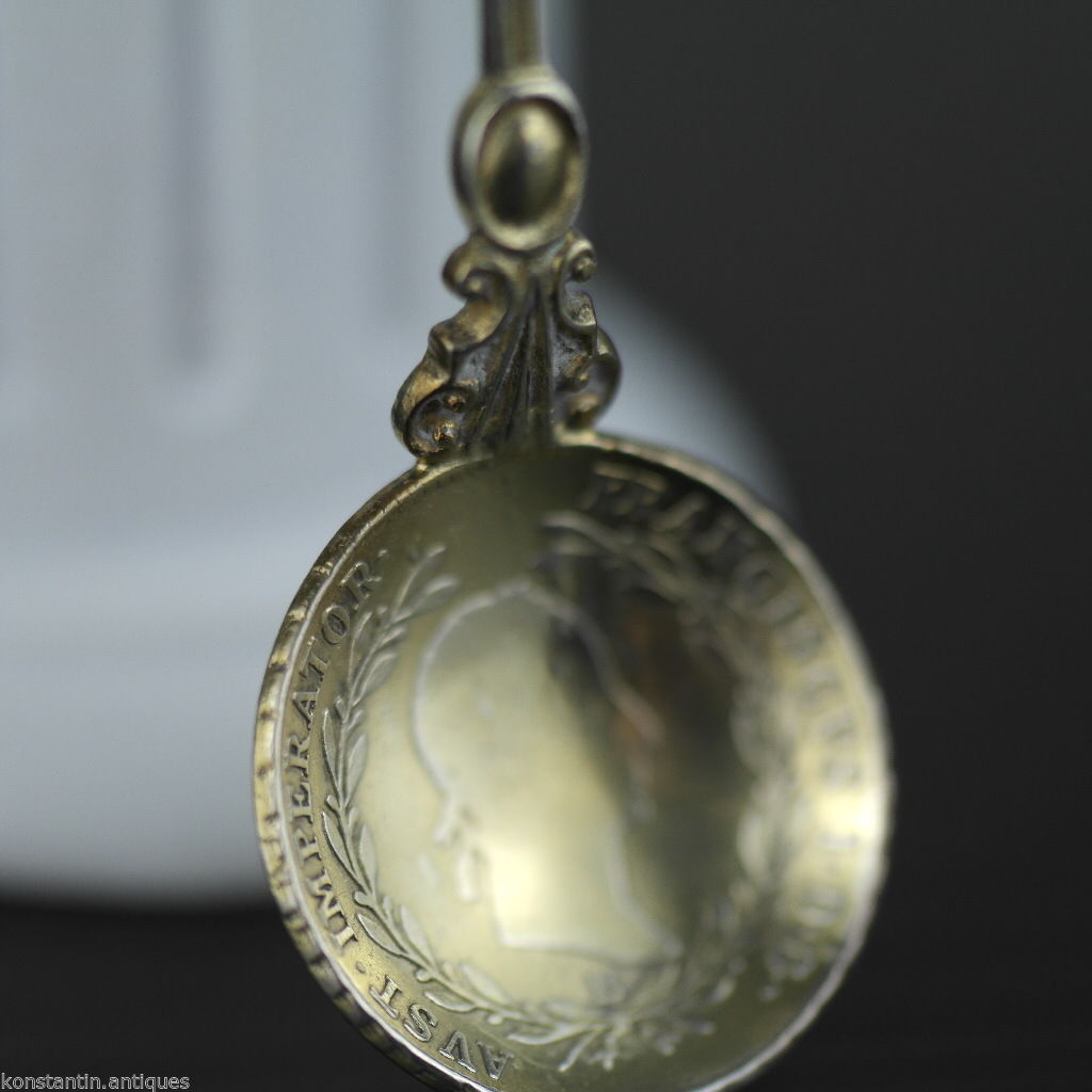 Antiker 20-Kreuzer-Münzlöffel aus vergoldetem massivem Silber aus dem Jahr 1830, Franz II., Kaiser des Heiligen Römischen Reiches, Kaiserreich 800