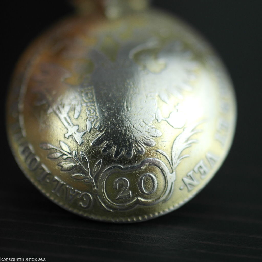 Antiker 20-Kreuzer-Münzlöffel aus vergoldetem massivem Silber aus dem Jahr 1830, Franz II., Kaiser des Heiligen Römischen Reiches, Kaiserreich 800