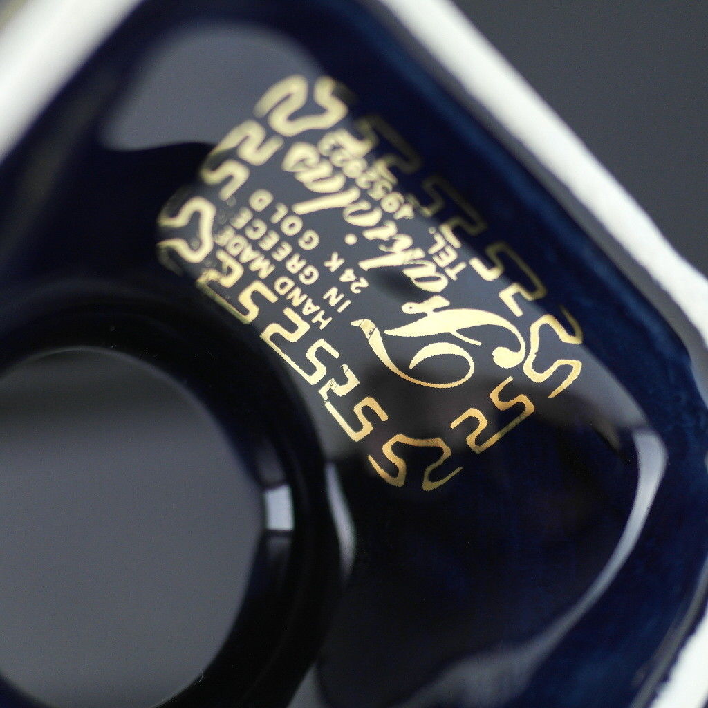 Vintage handmade Greek Royal Blue 24ct Gold plated pottery napkin holder made by Fakiolas, Greece