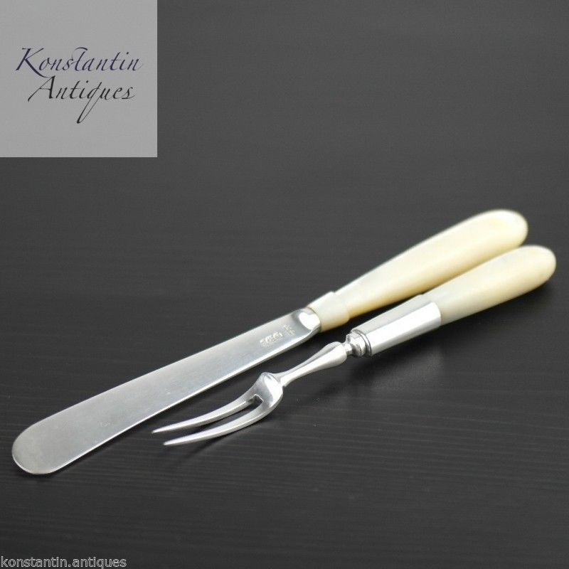Antikes Set aus 1900er Sterlingsilber mit Perlmutt-MOP-Griffen für Gabel und Messer 