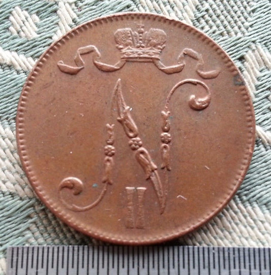 Moneda antigua de 1916 5 kopeks pennia Emperador Nicolás II del Imperio Ruso Finlandia