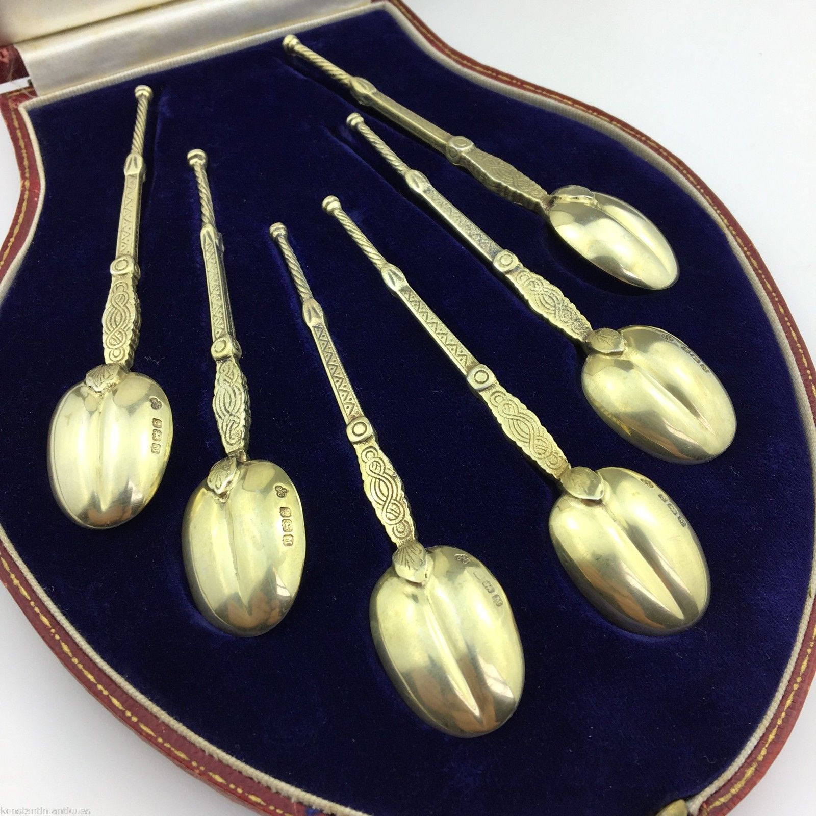 Vintage 1936 gild solid silver anointing spoons set of six Birmingham E&Co