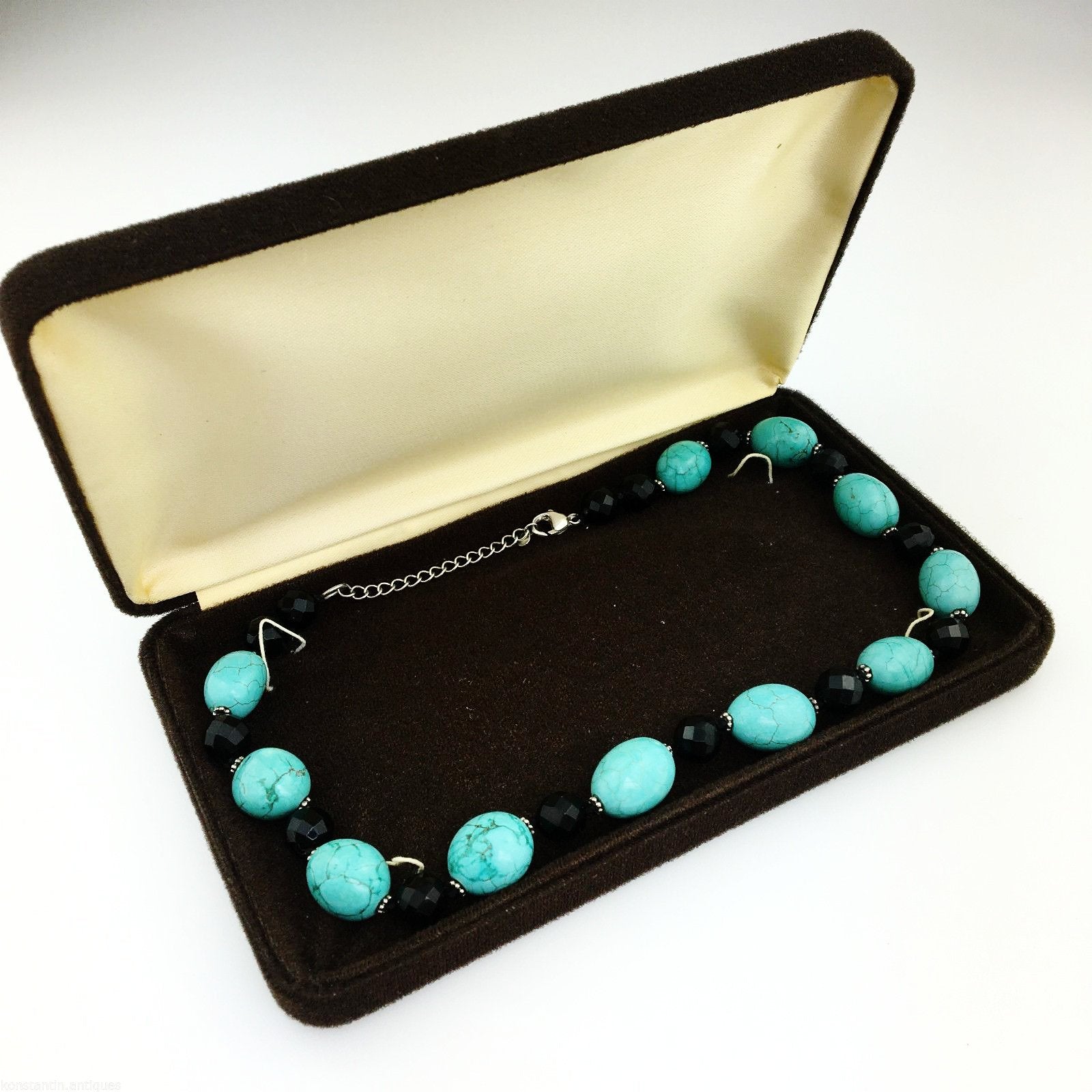 Vintage Lucas Lameth Turquoise and Onyx, sterling silver beads & clasp necklace