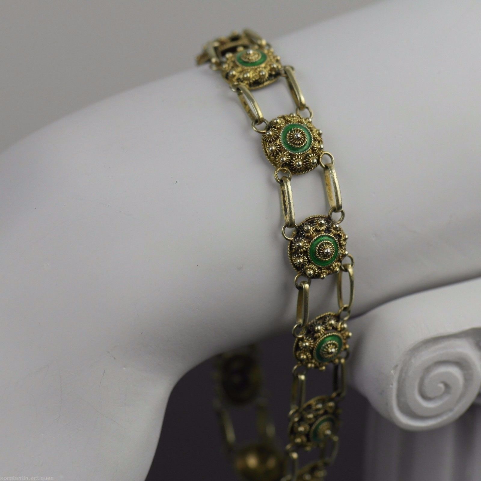 Cadena de pulsera antigua de esmalte guilloché bañada en oro de plata maciza del siglo XX Proto 833 