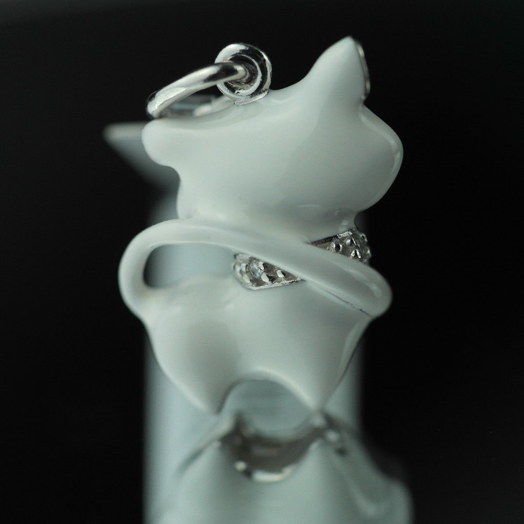 Sterling silver pendant white Enamel Cat with incrusted collar band