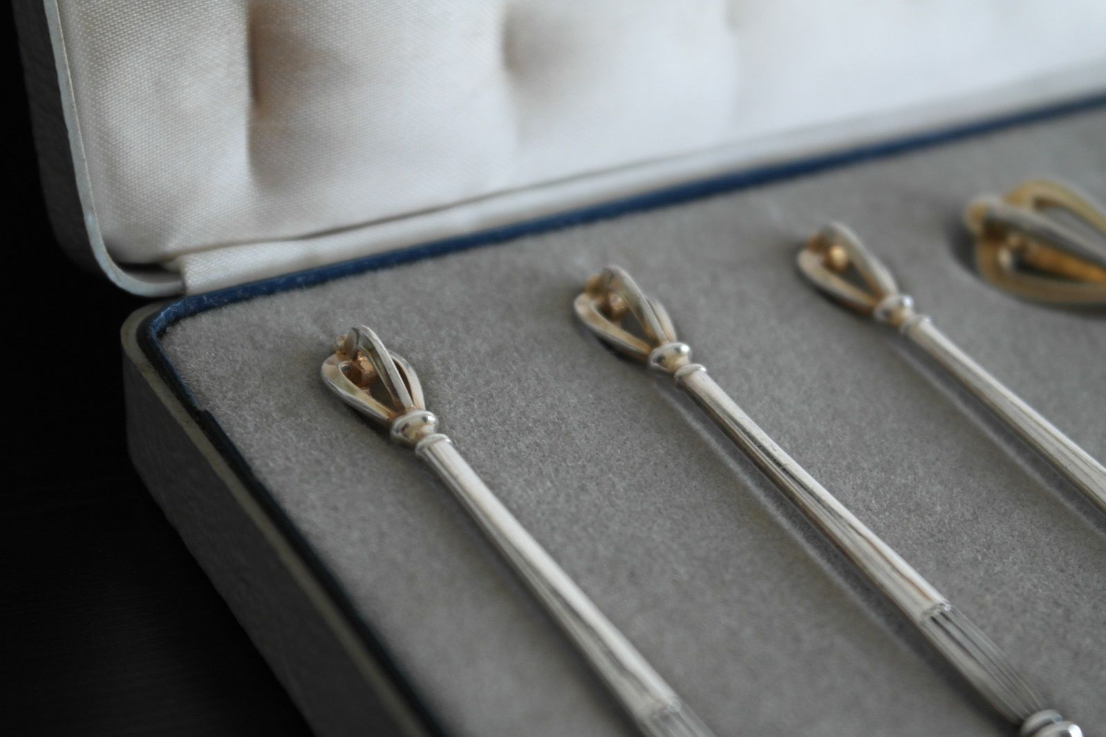 Vintage sterling silver set six spoons plus tongs Denmark W&S Sorensen in box