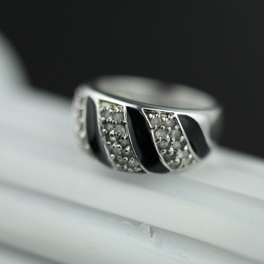 Modern sterling silver ring black enamel with CZ stones Scandinavian style 925